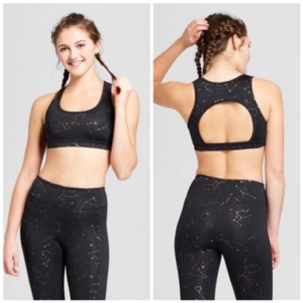 JoyLab | Black Gold Constellation Stars Open Back Sports Bra XS